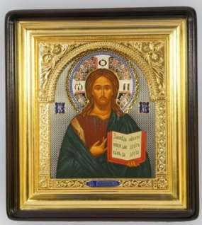 Εικόνα ζωγραφισμένο στο kyoto 24x30 tempera, ογκομετρική ρόμπα, ανοιχτό, επινικελωμένο, σμάλτο, επιχρυσωμένο υπόρα, Ιησούς Χριστός Σωτήρας