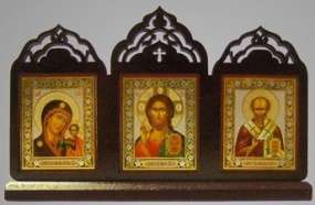 Εικονίδιο επιφάνειας εργασίας 4x5 τριπλό, διπλό ανάγλυφο, Ιησούς Χριστός ο Σωτήρας της Θεοτόκου Καζάν, η εικόνα της Παναγίας Νικολάου του Θαυματουργού.