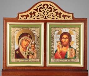 Επιτραπέζιο εικονίδιο 6x7 διπλό, διπλό ανάγλυφο, επιχρυσωμένο πλαίσιο, Ιησούς Χριστός ο Σωτήρας της Παναγίας του Καζάν, εικόνα της Παναγίας