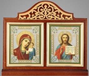 Ікона настільна 6х7 подвійна, подвійне тиснення, позолочена рамка,Ісус Христос Спаситель Казанської Божої матері, ікона Богородиці протоієрея для