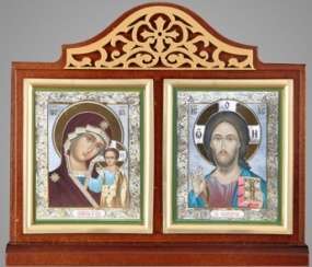 Icon desktop 6x7 διπλό, διπλό ανάγλυφο, επιχρυσωμένο πλαίσιο, Ιησούς Χριστός ο Σωτήρας της Παναγίας του Καζάν, η εικόνα της Παναγίας για τον πρωτότοπο