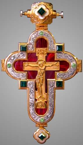 Крест наперсный № 143 серебро литьевое распятие, гильяш, эмаль
