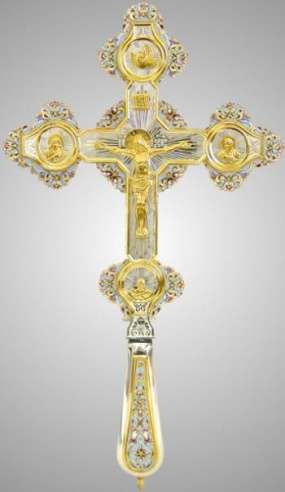 Крест напрестольный №1 рант, литье, филигрань, эмаль, роспись, гравировка серебро