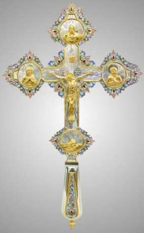 Крест напрестольный №2 рант, литье, филигрань, эмаль, роспись, гравировка серебро
