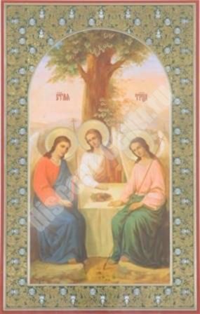 Икона Троица 3 в деревянной рамке №1 30х40 двойное тиснение, с частицей святой земли в мощевике, упаковка Животворящая