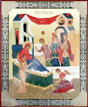 Икона Рождество Богородицы в жесткой ламинации 8х11 с оборотом, двойное тиснение, высечка святое