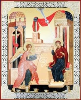 The icon of the Annunciation in wooden frame No. 1 11х13 double embossed Jerusalem