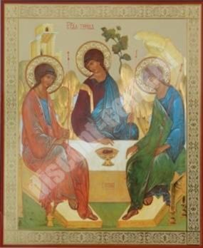 Icon of the Trinity Rublevskaya Optinsky on hardboard No. 1 18x24 double embossing, Jerusalem annotation