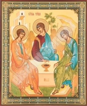 The Rublev icon of the Trinity 3 on a wooden tablet 30x40 double embossing, chipboard, PVC healing