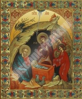 The icon of the Nativity 45 on a wooden tablet 11х13 double embossed 18 mm , with a particle of the Holy land in the reliquary, wrapping of God