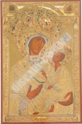 Ікона Тихвинская Божа матір Богородиця в жорсткій ламінації 5х8 з обігом єрусалимська