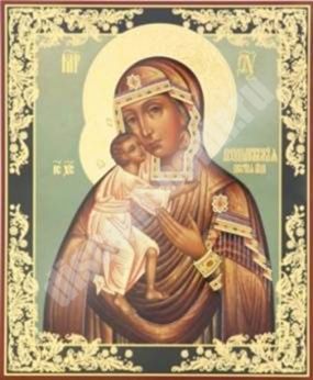 The Theodorov icon of the mother of God mother of God 01 on a wooden tablet 6x9 double stamping, annotation, packaging, label, Church