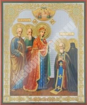 Ікона Явище Богородиці Сергію Радонезькому на дерев'яному планшеті 6х9 подвійне тиснення, анотація, упаковка, ярлик свята