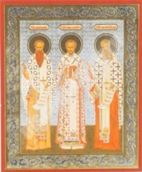 Икона Иоанн Василий Григорий святители на деревянном планшете 6х9 двойное тиснение, аннотация, упаковка, ярлык славянская