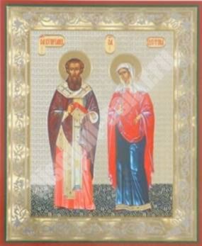 Икона Киприан и Устиния на деревянном планшете 6х9 двойное тиснение, упаковка, ярлык святая