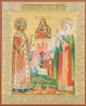 The icon of Constantine and Helena 2 in wooden frame No. 1 11х13 double embossed antique