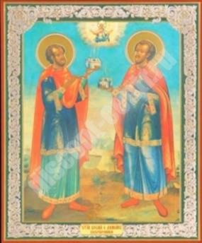 Icon Cosmas and Damian in wooden frame No. 1 11х13 double embossed home