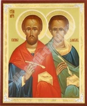 Icon, Cosmas and Damian 2 on a wooden tablet 6x9 double stamping, annotation, packaging, label Russian