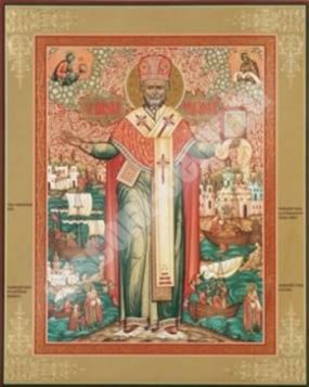 The icon of Nicholas the Wonderworker with scenes from his life 01 on masonite No. 1 30x40 double embossed Holy