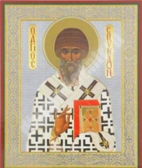 Icon of Saint Spyridon is in a hard lamination 5x8 with a turnover of Slavic