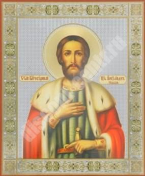 Icon of Alexander Nevsky in rigid lamination 5x8 with a turnover in the temple