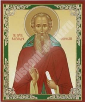The icon of Alexander Svirsky on a wooden tablet 6x9 double stamping, annotation, packaging, label Holy