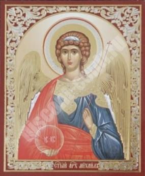 The icon of Michael the Archangel belt 2 in wooden frame 11х13 Set with angel Day, double embossing Slavic