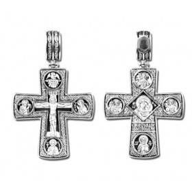 Двусторонний крестик серебряный нательный Богородица/святые