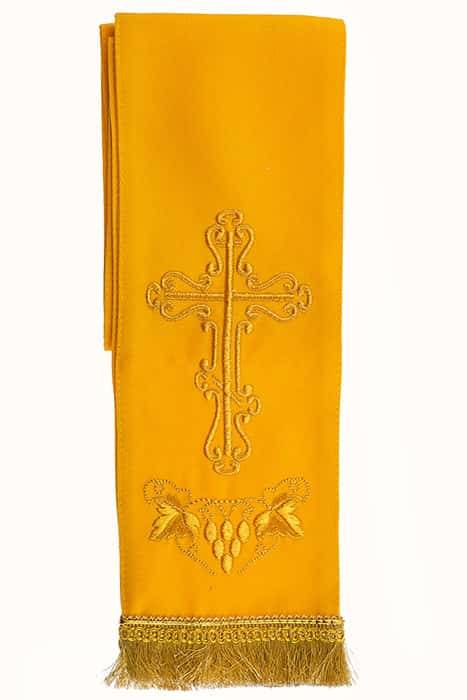 Semn de carte pentru Apostol, galben cu aur, broderie „Cruce”, stofă gabardină, dimensiuni: 10 x 115 cm
