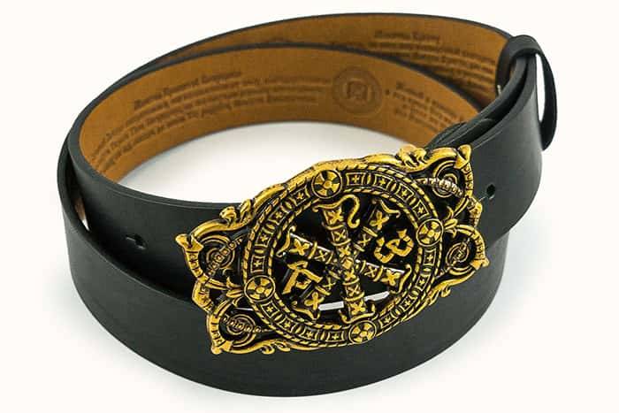 Leather belt 40 mm, male, prayers inside, cast buckle, laid on, with screw, carved Konstantinovsky cross, assorted, SP112