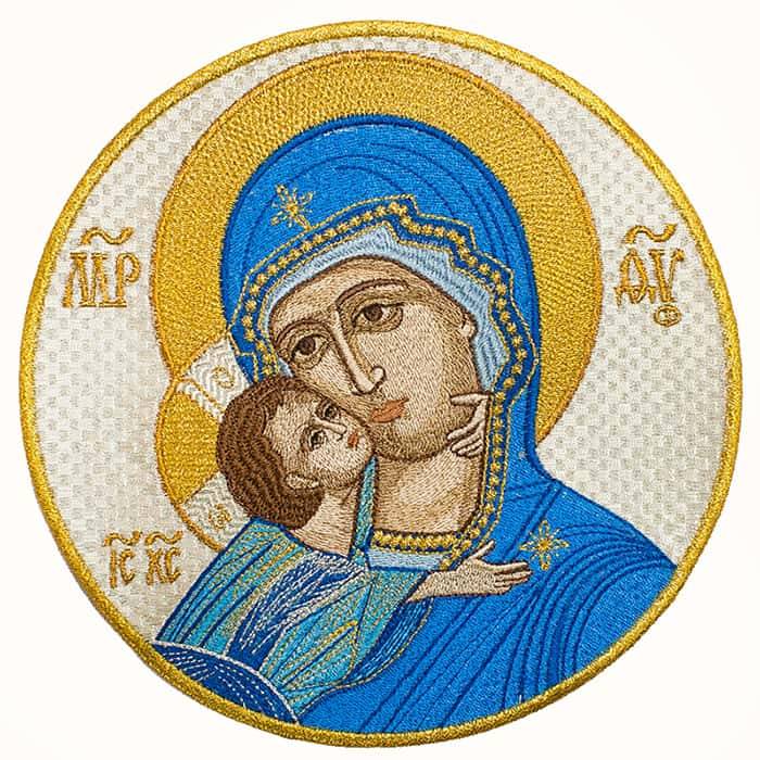 Икона вышитая "Богородица Владимирская" на оплечье, вышивка голубая. D19 см