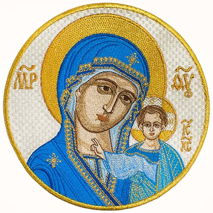Икона вышитая "Богородица Казанская" на оплечье, вышивка голубая, D19 см