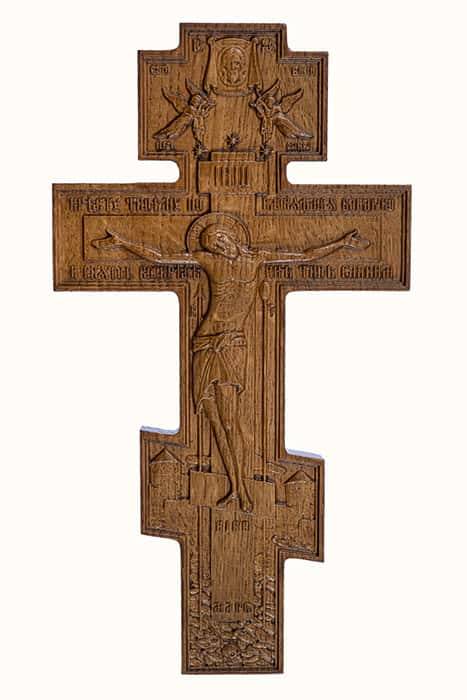Крест деревянный настенный, с тропарём, из дуба (резьба на станке), высотой 23 см