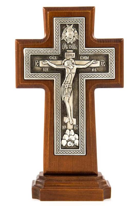 Cruce de lemn 17123, cu inserție zincată, pe suport, placată cu argint, cu voal