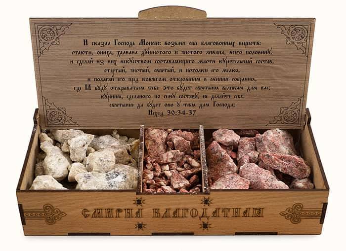 Frankincense &quot;benzoic resin in pieces, chopped - myrrh&quot; 660 g, &quot;Gifts of Melchizedek&quot; set of 3 types of myrrh, in a wooden box, SF-S/3B