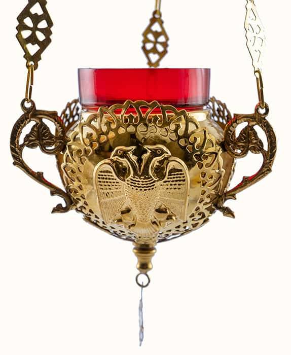 Лампада подвесная латунная "Двуглавый орел", с объемными накладками, с чеканкой, со стаканом,
