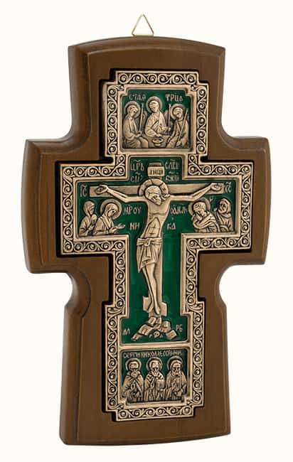 Крест деревянный 17109-1 с вклейкой из гальваники, с медными элементами, с эмалью