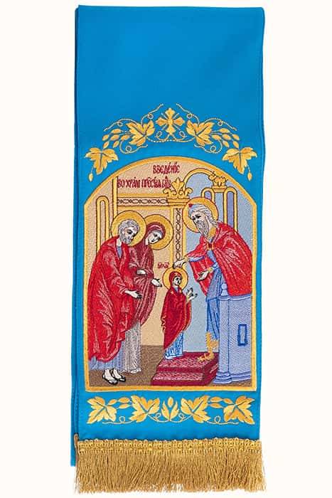 Закладка  для Евангелия "Введение во храм Пресвтой Богородицы" вышивка, голубой габардин