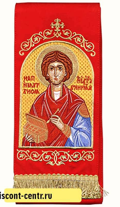 Semn de carte pentru Evanghelie broderie „Martirul Panteleimon”, gabardina rosie, dimensiuni: 14 x 160 cm