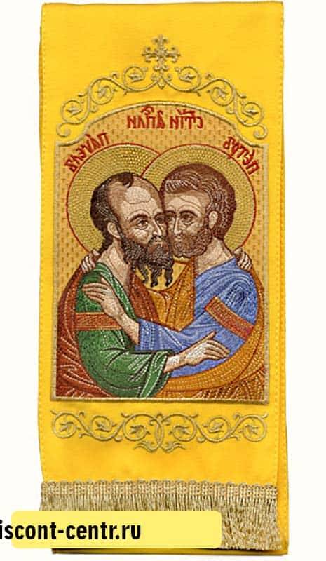 Закладка  для Евангелия "Апп.Петр и Павел" вышивка, желтый габардин, размеры: 14 х 160 см