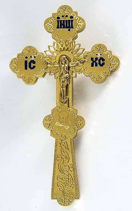 A metal trebny cross in the shape of a &quot;Trefoil&quot; with an overlaid crucifix. Brass, colored enamel, engraving, height 23 cm No. 2.
