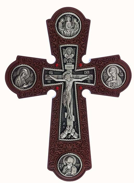 Wooden cross 17142, wall, with round inserts, silver-plated, with rhinestones, maple