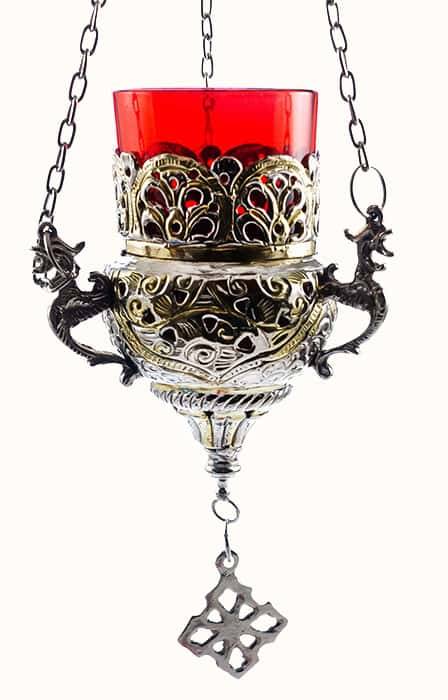 Лампада подвесная латунная с чеканкой двухцветная, со стаканом;