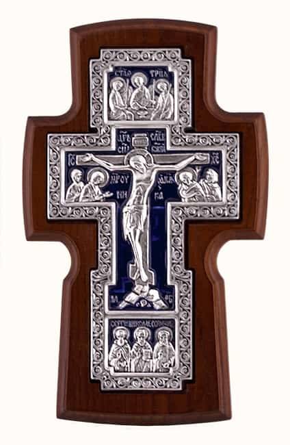 Wooden cross 17117-1, wall-mounted, with galvanized insert, with enamel, silver-plated, ash