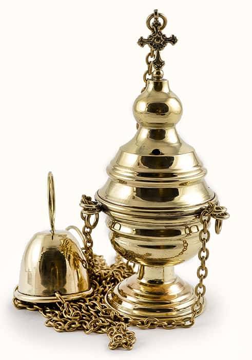 Small censer, tremendous, brass, with a copper bowl, with brass chains, height 15 cm