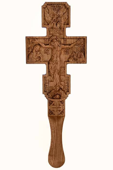 Крест напрестольный деревянный из дуба, с распятием, с предстоящими, с Ангелами, высотой 34 см, резьба на станке