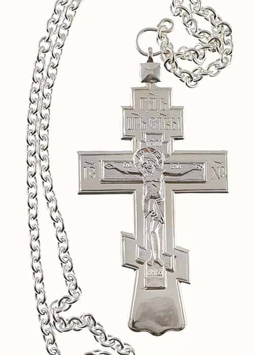 Крест наперсный иерейский. Латунь, мельхиор, серебрение, с цепью, в пластиковом футляре