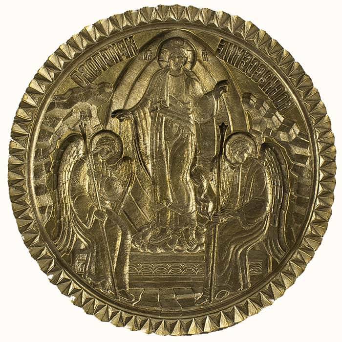 Artos seal with an icon of the Resurrection of Christ with a serrated border. Diameter 150 mm, brass, wooden handle, P.P.20.1.