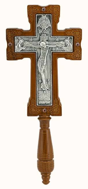 Крест деревянный напрестольный 17137 с ручкой, с вклейкой из гальваники, с посеребрением, резной, ажурный, с камнями, с Ангелами, из ясеня,