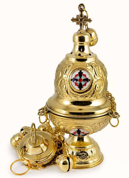 Brass censer, with chasing, with enamel medallions,